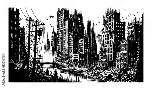 post-apocalyptic ruined city with skyscrapers black dramatic vector