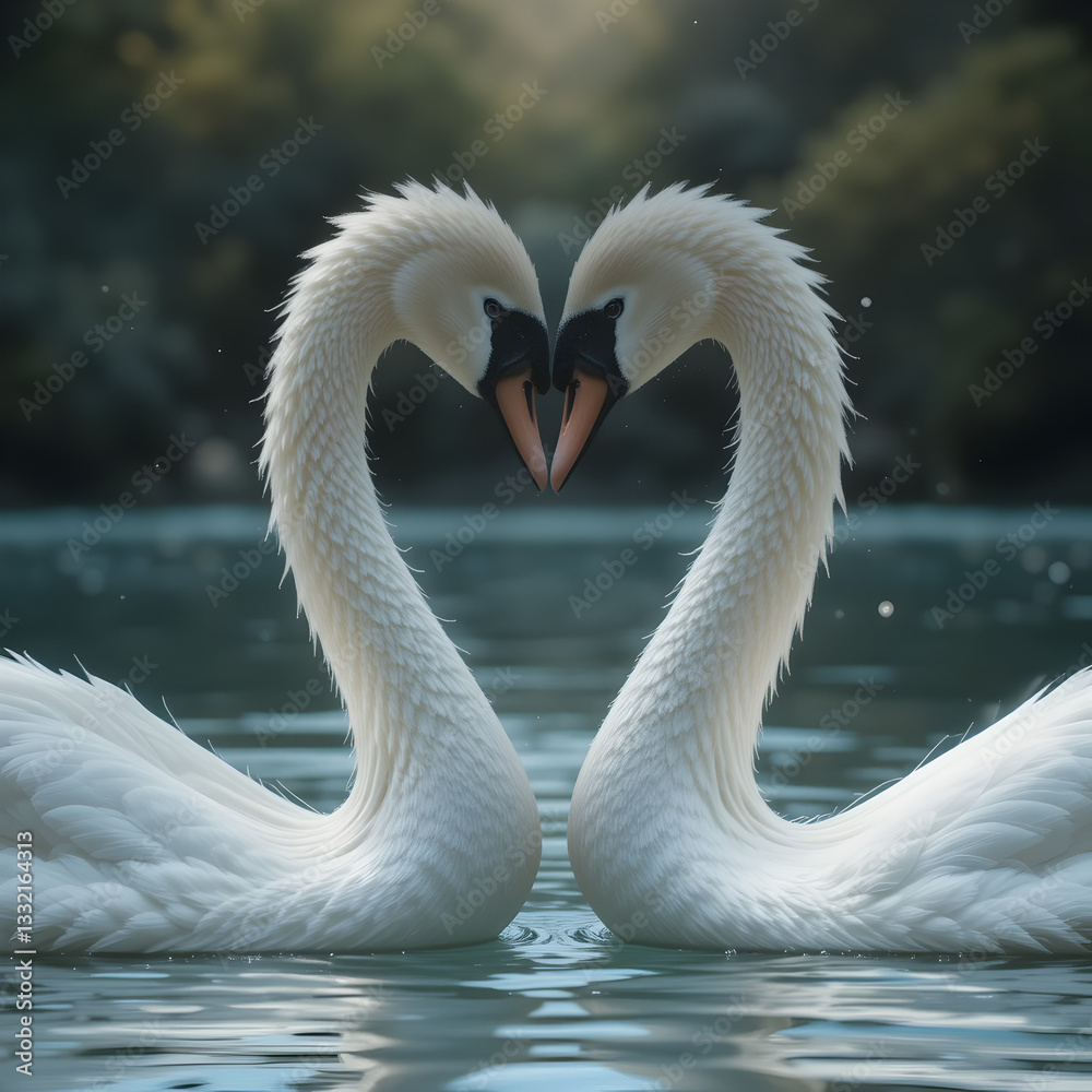 two swans on the lake and elegant necks curved to form a heart shape two swans on the lake and elegant necks curved to form a heart shape