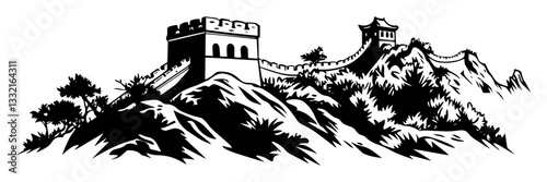 great wall of china landscape vector black shape silhouette