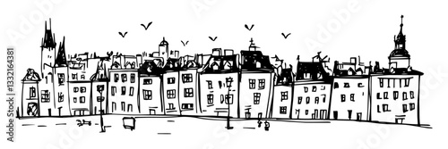 old town street with historic buildings black hand-drawn sketch