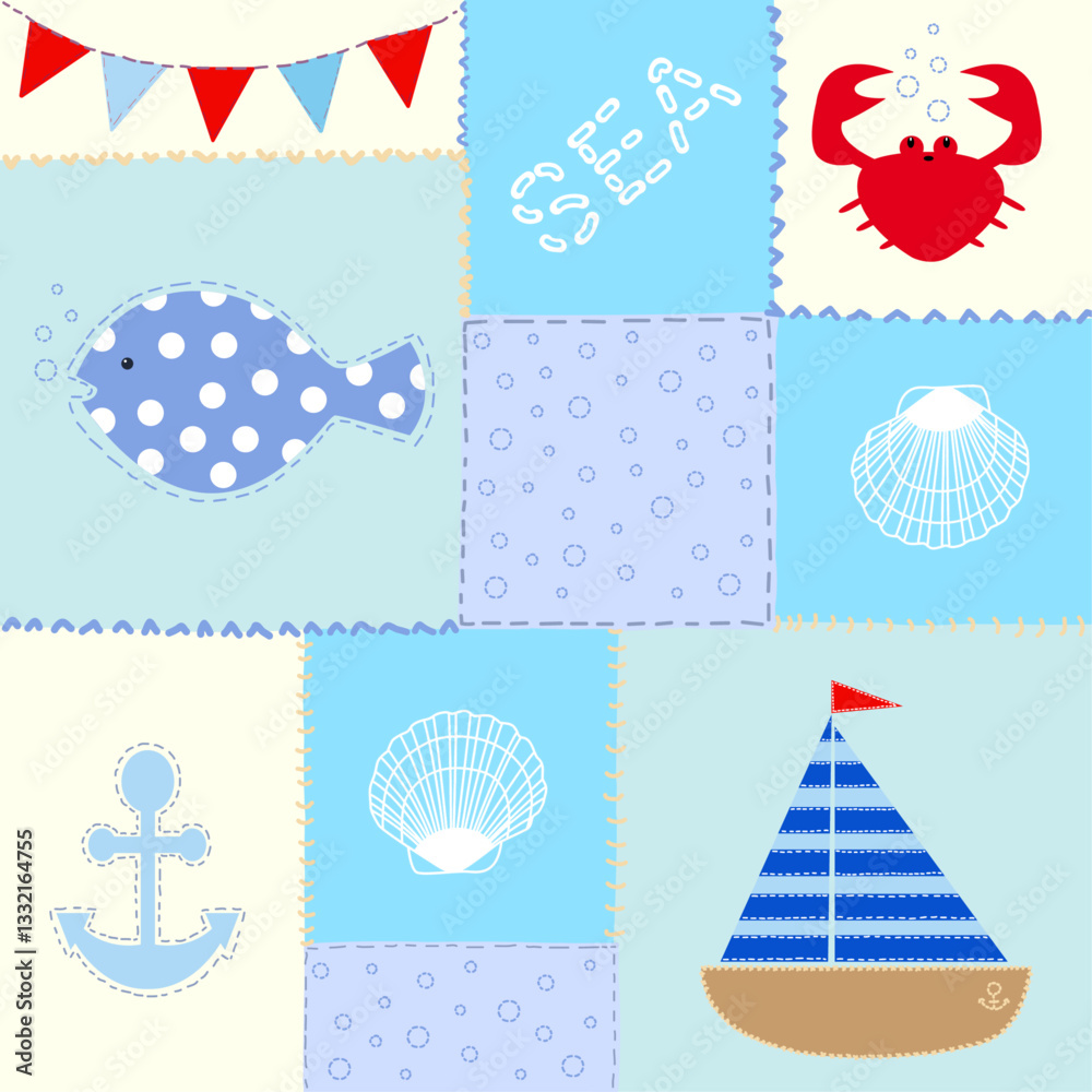 Fondo de retazos de tela con dibujos de mar