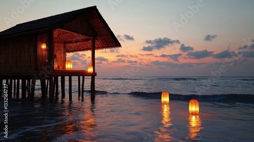 Rustic Wooden Structure on Serene Beach with Calm Waves and Blue Sky