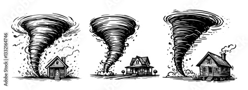 tornado hitting rural houses black dramatic weather sketch