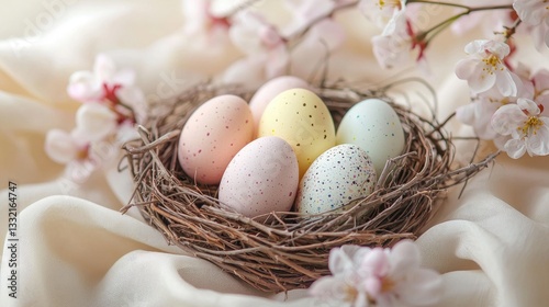 A delicate bird's nest made of intertwined twigs, filled with pastel-colored speckled Easter eggs in soft yellow, pale pink, and light blue. 