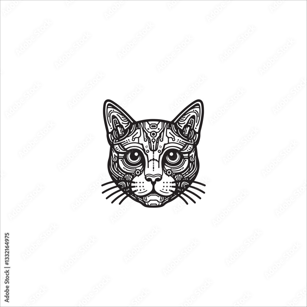 Fototapeta premium Cyberpunk cat head drawing artwork handmade illustration