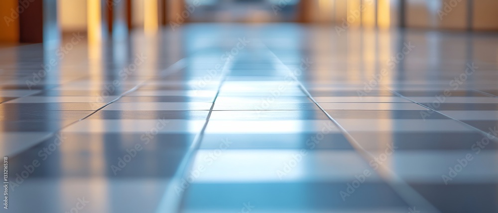 Fototapeta premium Sunlight softly illuminates a checkered hallway floor, creating a warm and calming ambiance in an otherwise empty corridor.