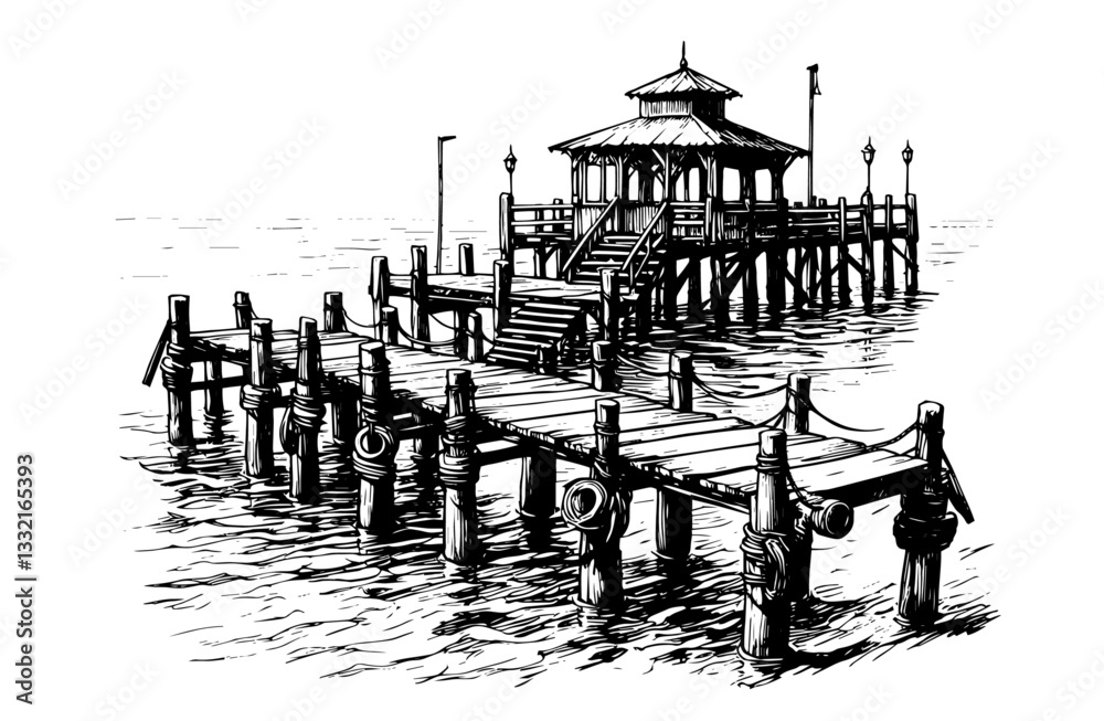 wooden pier with pavilion over water black hand-drawn sketch