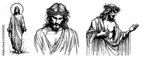 jesus christ portraits in various poses black sacred sketch