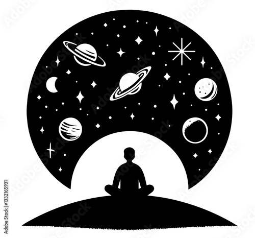 person meditating under starry sky with planets black vector