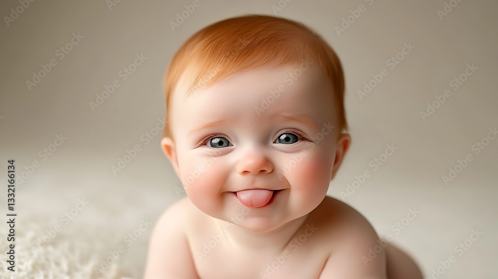 A smiling infant with red hair sticks their tongue out happily A smiling infant with red hair sticks their tongue out happily