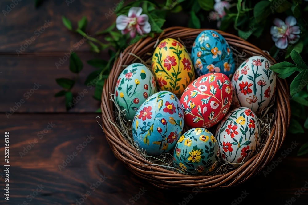 A colorful Easter nest containing Easter eggs, crafted with the help of generative AI A colorful Easter nest containing Easter eggs, crafted with the help of generative AI