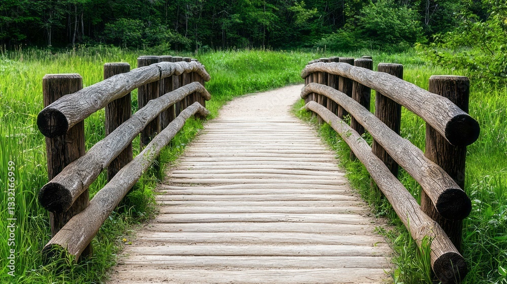 Serene wooden bridge crossing lush green field surrounded by scenic trails and open space Serene wooden bridge crossing lush green field surrounded by scenic trails and open space