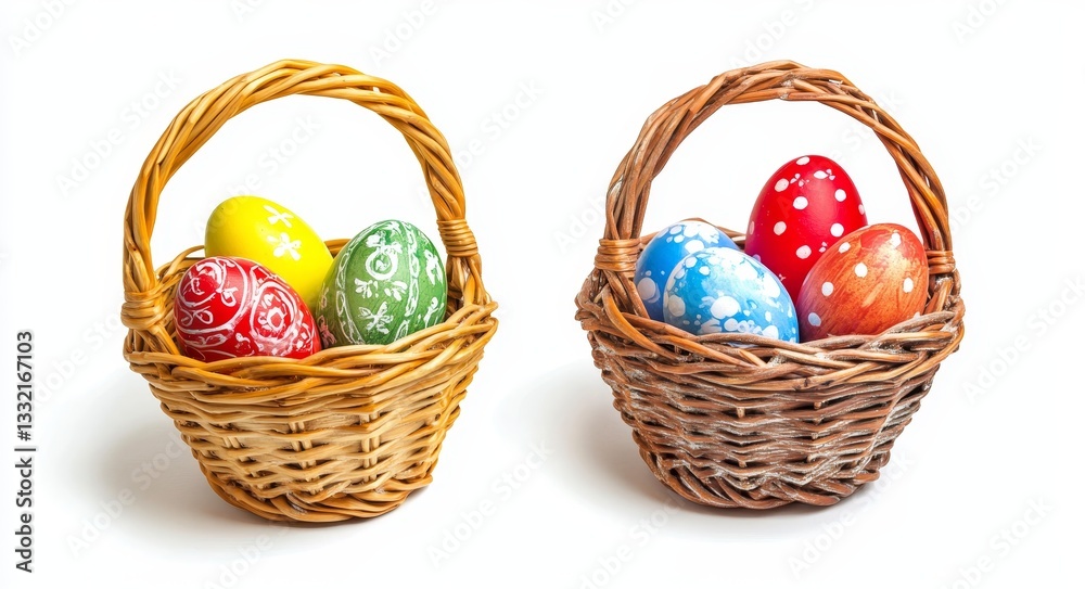 A PNG file featuring a basket of assorted, hand-painted Easter eggs on a transparent background, showcasing diverse designs, can be used as a mockup template for creating artwork A PNG file featuring a basket of assorted, hand-painted Easter eggs on a transparent background, showcasing diverse designs, can be used as a mockup template for creating artwork