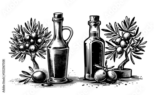 olive oil bottles with olive trees black engraving illustration