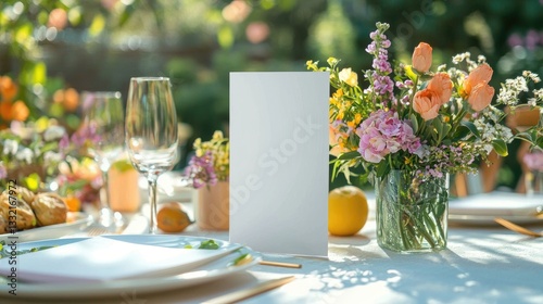a realistic blank white menu card mockup, size is 5x7 inches in portrait orientation at an outdoor brunch table during a party with colorful pastel spring decorations