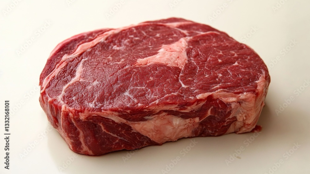 A fresh, raw ribeye steak on a white background, showcasing its marbled texture and rich red color, ready for cooking in gourmet dishes. A fresh, raw ribeye steak on a white background, showcasing its marbled texture and rich red color, ready for cooking in gourmet dishes.