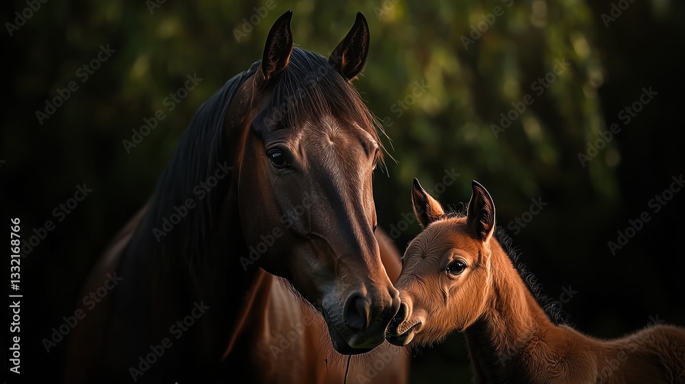 Obraz premium Mother Horse and Foal in Sunlight, Forest Background