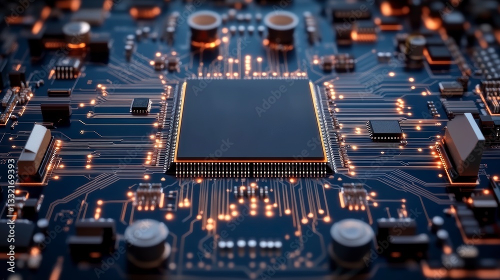 Close-up view of a complex microchip with glowing circuits, showcasing technology in action