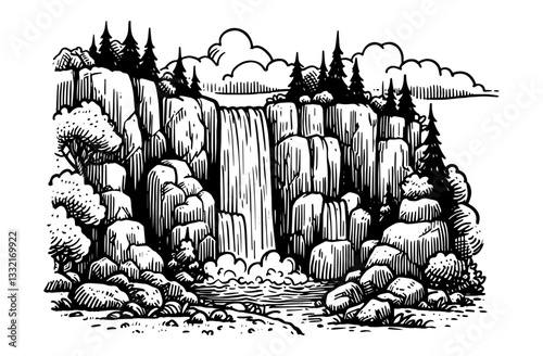 majestic waterfall in nature vector black shape silhouette