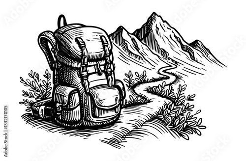 hiking backpack on mountain trail vector black shape silhouette