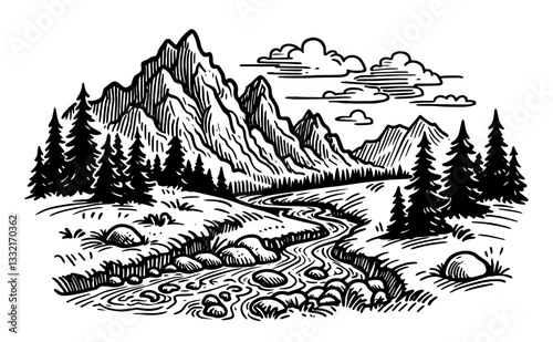 mountain landscape with river vector black shape silhouette