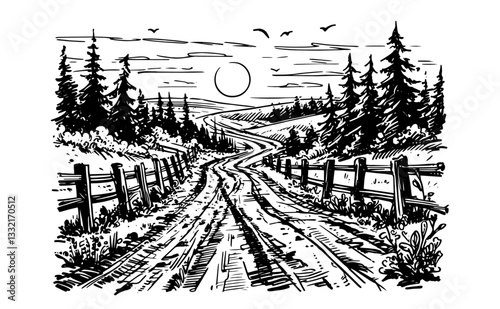 rural dirt road landscape vector black shape silhouette