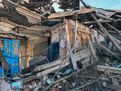destroyed and burned houses in the city in Ukraine