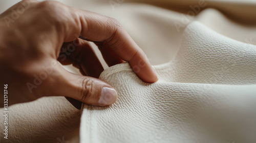 Close-up of a hand exploring the texture of cream leather fabric in a calm room, evoking a feeling of comfort and luxury