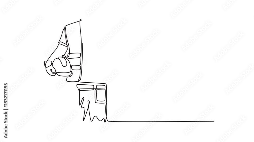 Animated self drawing continuous line draw young male architect hand holding safety helmet or hard hat at site. Construction worker man with vest and protective gloves. Full length one line animation Animated self drawing continuous line draw young male architect hand holding safety helmet or hard hat at site. Construction worker man with vest and protective gloves. Full length one line animation