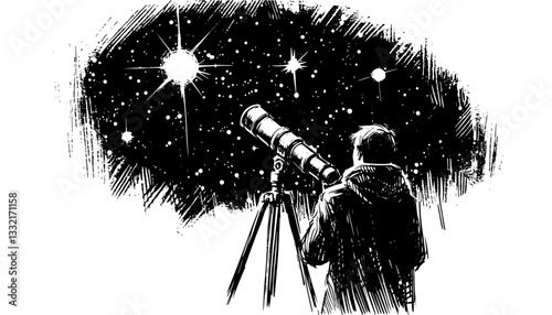 astronomer watching stars with telescope black ink sketch