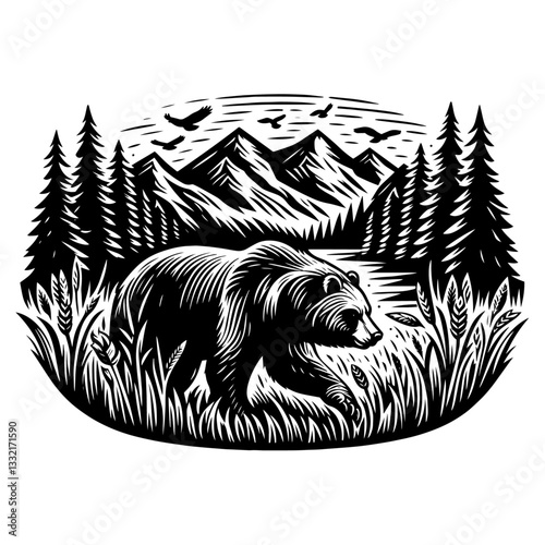 wild bear in forest with mountains black woodcut style