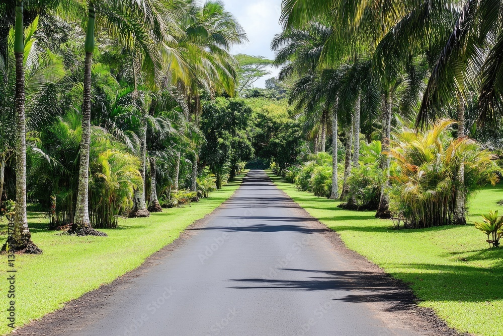 Tropical Paradise Pathway Lush Greenery and Palm Trees Along a Quiet Roadway Tropical Paradise Pathway Lush Greenery and Palm Trees Along a Quiet Roadway