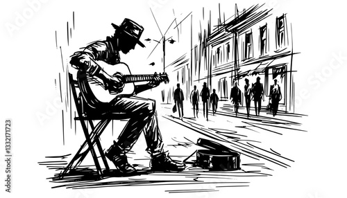 street musician playing guitar black ink sketch