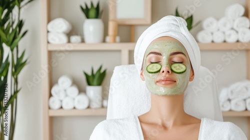 Woman Relaxing at Home with Towel on Head and Facial Mask for Wellness photo