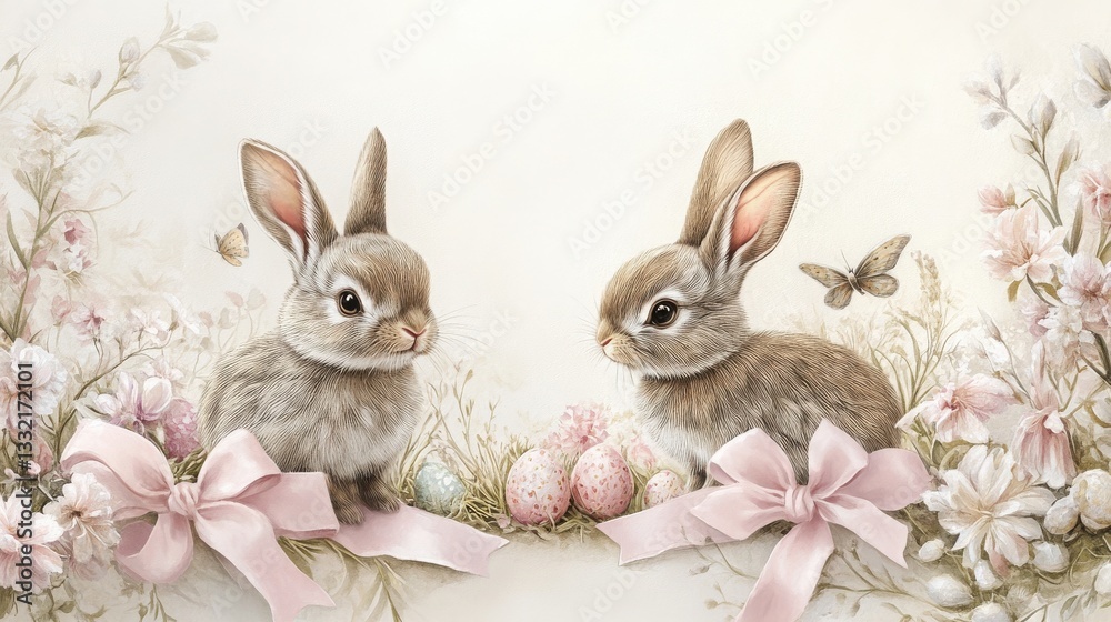 Obraz premium Two rabbits and two pink bows surrounded by flowers on a traditional easter card design with pastel colors