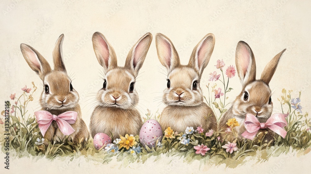 Fototapeta premium Four rabbits sitting in green grass surrounded by colorful flowers for a traditional easter card design