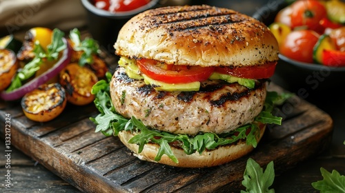 A freshly grilled turkey burger with avocado and a side of roasted vegetables.