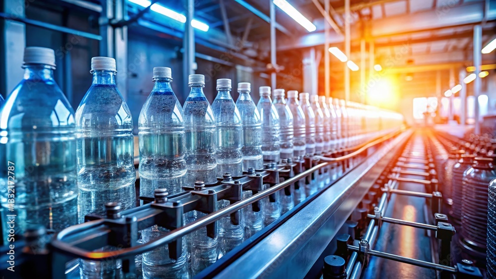 Fototapeta premium Surreal Close-up: Plastic Water Bottle Production Line - Factory