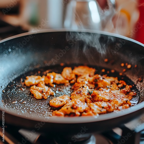 A cooking pan with food on the stovetop is steaming