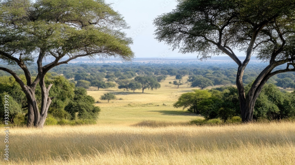 Obraz premium A vast landscape with tall grasses, framed by two trees, showcases a serene view of an expansive savanna, Ideal for travel, nature, or landscape projects,