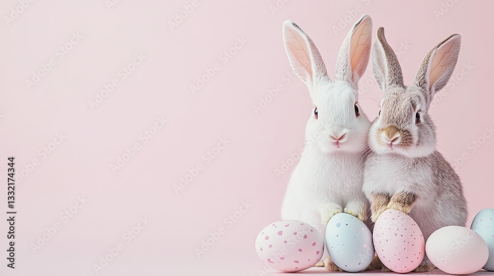 Obraz premium Delicate Easter advertising banner, pastel color scheme, generous top copy space, enriched with playful bunny and egg motifs