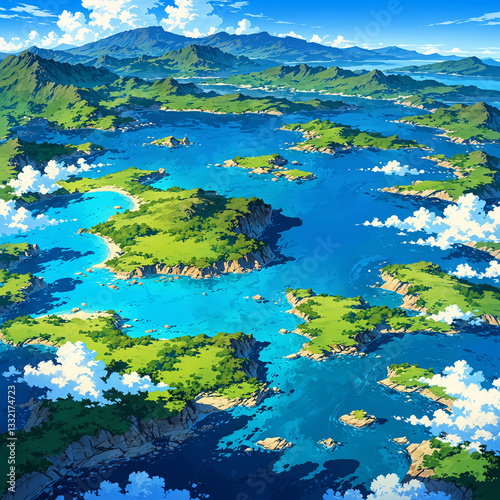 Majestic anime-style aerial view of a deep blue lake with a hidden island surrounded by towering mountains and nature