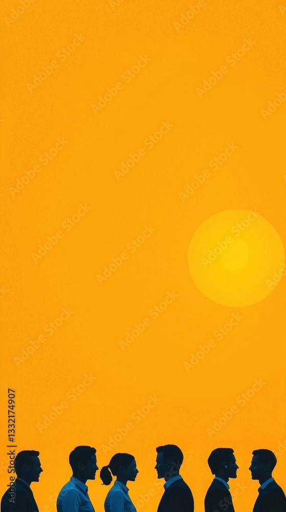 Fototapeta premium Silhouettes of Business People Against a Vibrant Yellow Sunset