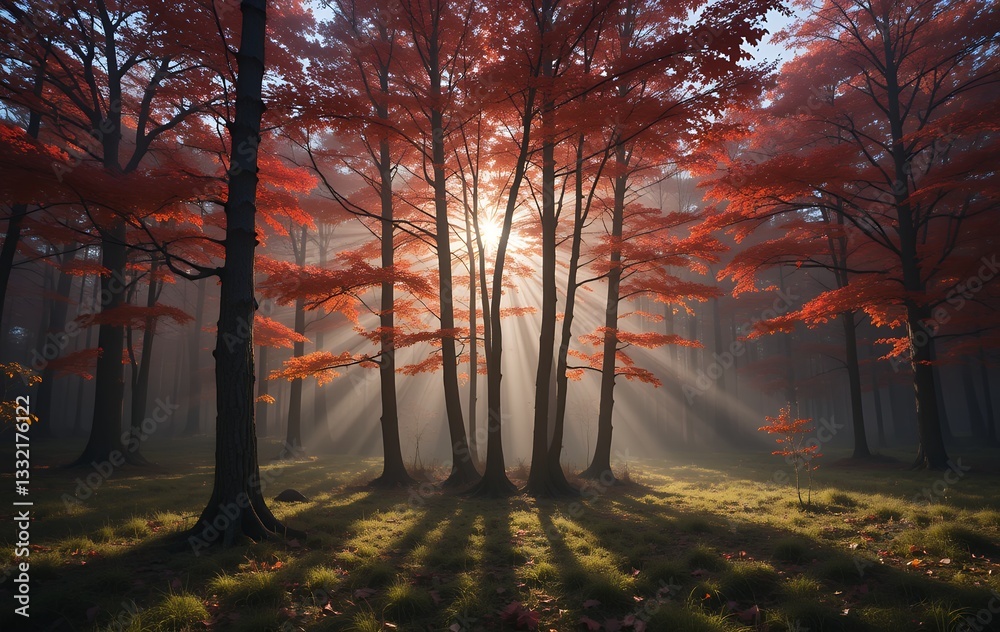 Obraz premium Autumnal Radiance: Sunlight Filtering Through a Forest of Crimson Foliage