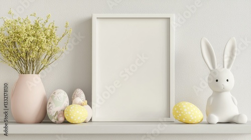 mock up of a blank frame on a shelf decorated for Easter; realistic photo