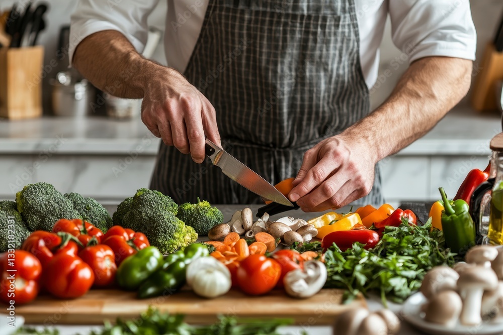 Chef Prepares Colorful Vegetables in Modern Kitchen Chef Prepares Colorful Vegetables in Modern Kitchen