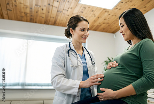 female doctor talking to her pregnant patient, giving her quality care and emotionally support.