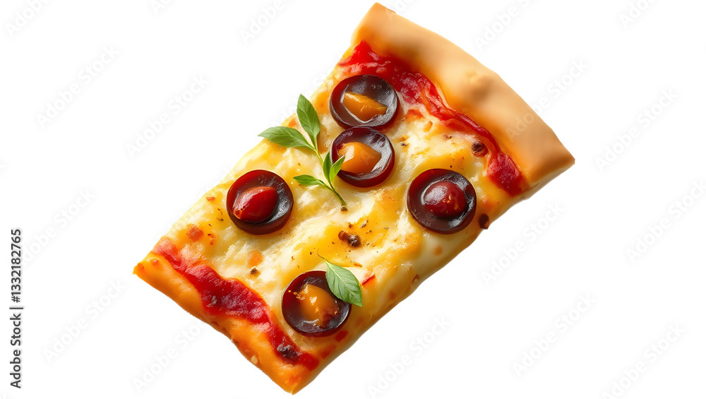 A slice of pizza topped with cheese, olives, and herbs, showcasing a golden crust and vibrant colors. A slice of pizza topped with cheese, olives, and herbs, showcasing a golden crust and vibrant colors.