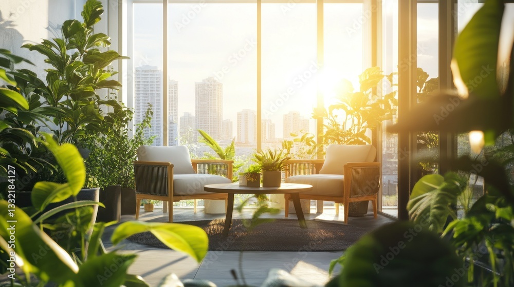 Fototapeta premium Sunny balcony with large windows, comfortable chairs, and a coffee table surrounded by green plants, overlooking the city skyline at sunset.