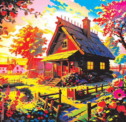 a cozy countryside scene in spring/summer: a small house surrounded by colorful flowers, wooden fence, and fluffy clouds in the blue sky.**  